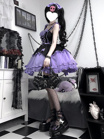   ゴシック ロリータ サスペンダードレス パープル ダークシリーズ 魔法少女 フリル レースアップ コスプレ衣装