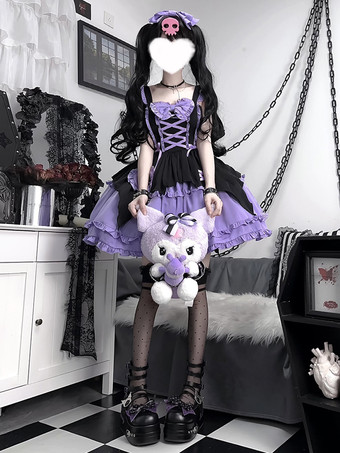   ゴシック ロリータ サスペンダードレス パープル ダークシリーズ 魔法少女 フリル レースアップ コスプレ衣装