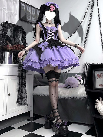 パープル   ゴシック ロリータ サスペンダードレス パープル ダークシリーズ 魔法少女 フリル レースアップ コスプレ衣装