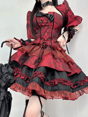 Gothic Lolita Outfits Red Jacquard Lace Up Bows Sleeveless Top Skirt