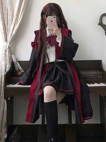 ゴシックロリータ衣装 黒リボン ジャカード 長袖スカート ケープ ブラウス