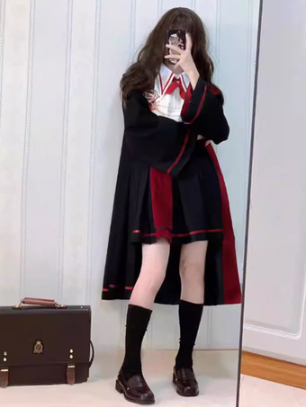 ゴシックロリータ衣装 黒リボン ジャカード 長袖スカート ケープ ブラウス