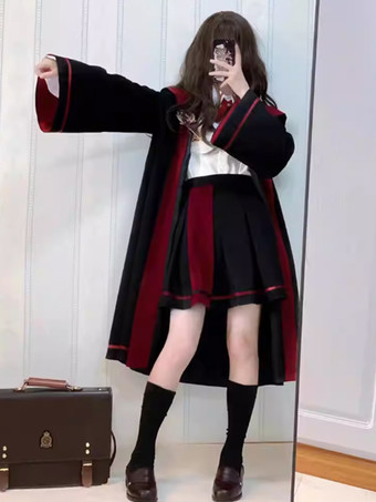 ゴシックロリータ衣装 黒リボン ジャカード 長袖スカート ケープ ブラウス