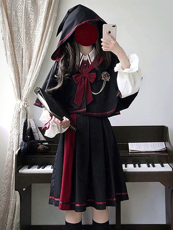 ブラック ゴシックロリータ衣装 黒ジャカードリボン 長袖スカート ケープ