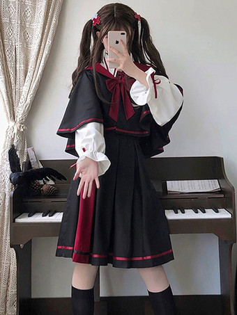 ゴシックロリータ衣装 黒ジャカードリボン 長袖スカート ケープ