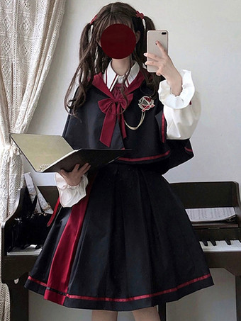 ゴシックロリータ衣装 黒ジャカードリボン 長袖スカート ケープ