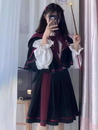 ゴシックロリータ衣装 黒ジャカードリボン 長袖スカート ケープ