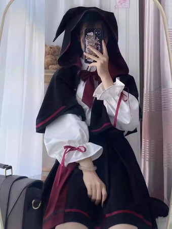 ゴシックロリータ衣装 黒ジャカードリボン 長袖スカート ケープ