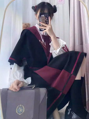 ゴシックロリータ衣装 黒ジャカードリボン 長袖スカート ケープ