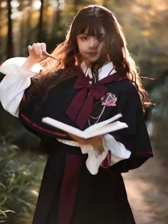 ゴシックロリータ衣装 黒ジャカードリボン 長袖スカート ケープ