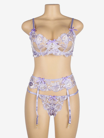 プラスサイズ ランジェリー シック 3ピース 刺繍入り ライラック 大人用 ブラ パンティ セット