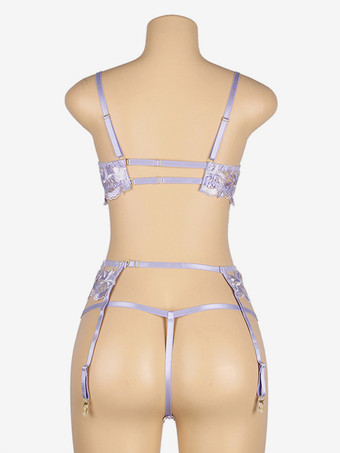 プラスサイズ ランジェリー シック 3ピース 刺繍入り ライラック 大人用 ブラ パンティ セット