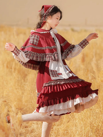 ワインレッド クラシカルなロリータドレス フリル 長袖 チェック柄 ロリータドレス クラシック バーガンディ