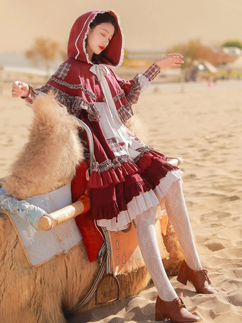 クラシカルなロリータドレス フリル 長袖 チェック柄 ロリータドレス クラシック バーガンディ