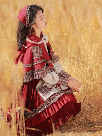 クラシカルなロリータドレス フリル 長袖 チェック柄 ロリータドレス クラシック バーガンディ