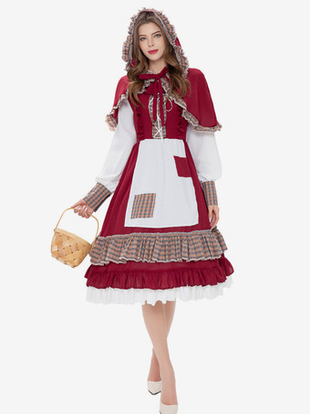 クラシカルなロリータドレス フリル 長袖 チェック柄 ロリータドレス クラシック バーガンディ