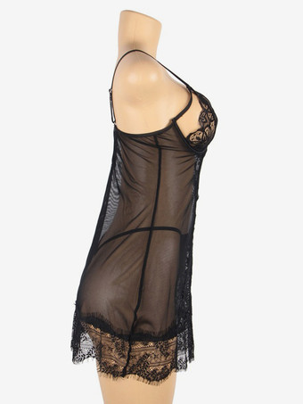 プラスサイズ ランジェリー ベビードール シュミーズ シックな室内用 ブラック スリープウェア ナイトガウン