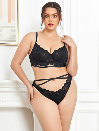ブラック プラスサイズ ランジェリー シック 2ピース レース ブラック ブラ パンティ セット
