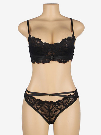 プラスサイズ ランジェリー シック 2ピース レース ブラック ブラ パンティ セット