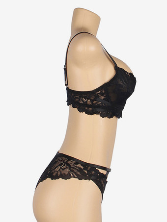 プラスサイズ ランジェリー シック 2ピース レース ブラック ブラ パンティ セット