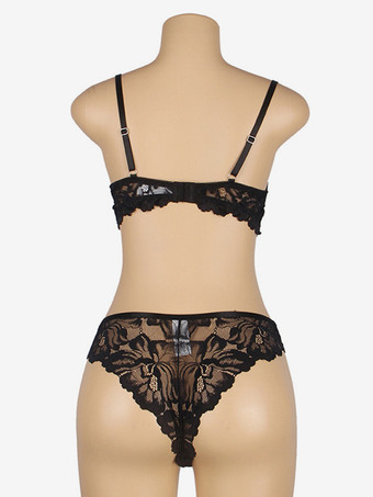 プラスサイズ ランジェリー シック 2ピース レース ブラック ブラ パンティ セット