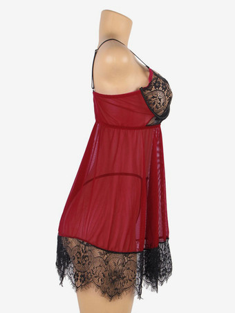 プラスサイズ ランジェリー ベビードール バーガンディ ドレス 室内用 寝巻き ナイトガウン