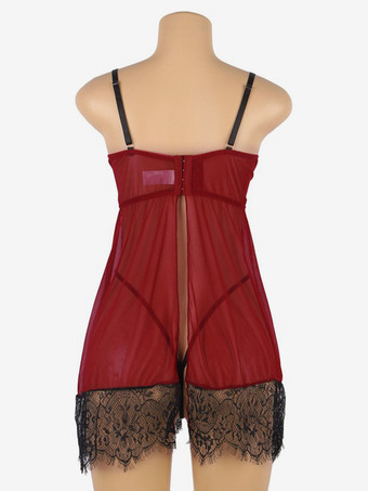 プラスサイズ ランジェリー ベビードール バーガンディ ドレス 室内用 寝巻き ナイトガウン