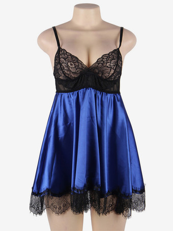 プラスサイズ ランジェリー ベビードール シュミーズ ブルー アイパッチ 室内用パジャマ ナイトガウン