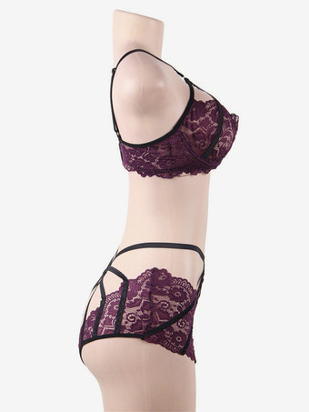プラスサイズ ランジェリー シック レース パープル 大人用 ブラ パンティ セット