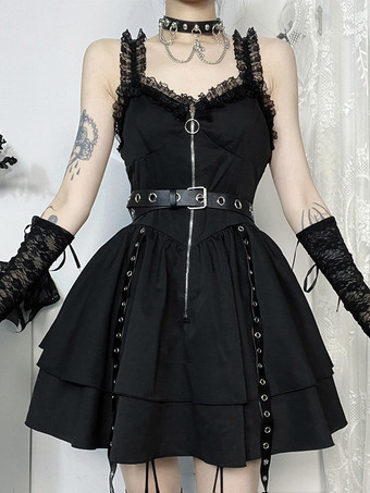noir Robe gothique Lolita   Cosplay longueur genou à volants en dentelle gothique Lolita