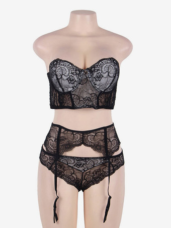 ランジェリー レース ツートン シック ブラック 大人用 ブラ パンティ 3点セット