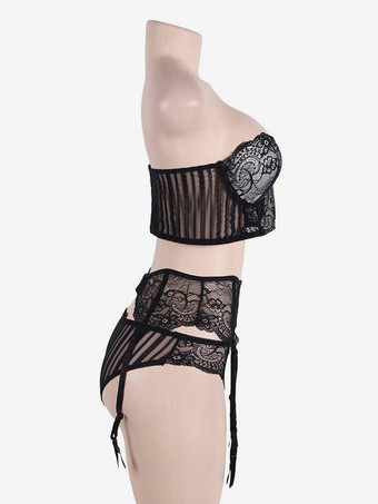 ランジェリー レース ツートン シック ブラック 大人用 ブラ パンティ 3点セット