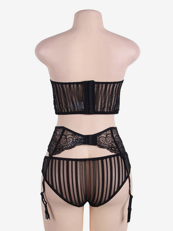ランジェリー レース ツートン シック ブラック 大人用 ブラ パンティ 3点セット