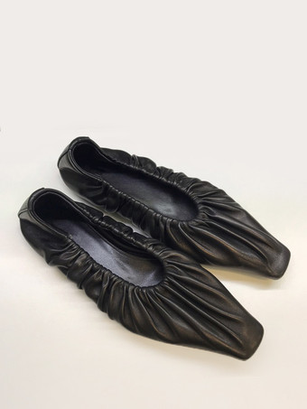 シルバー バレリーナ フラット プリーツ スクエア トゥ バレエ フラット