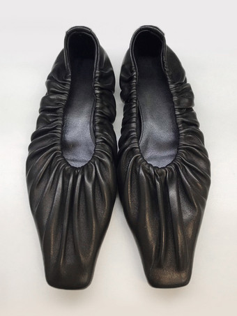 ブラック シルバー バレリーナ フラット プリーツ スクエア トゥ バレエ フラット