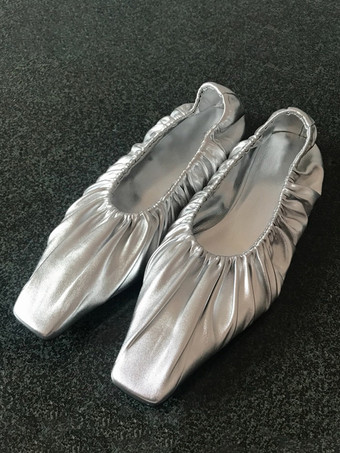 シルバー バレリーナ フラット プリーツ スクエア トゥ バレエ フラット