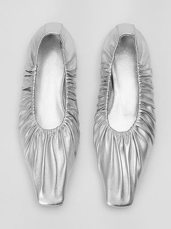 シルバー バレリーナ フラット プリーツ スクエア トゥ バレエ フラット