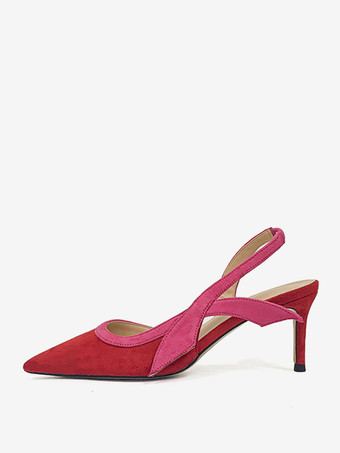 レッド レディースヒールサンダル ポインテッドトゥサンダル スティレットヒール テキスタイル