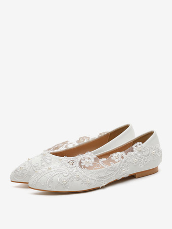 ホワイト レディース フラットブライダルシューズ レース ラウンドトゥ スリッポン ウェディングシューズ
