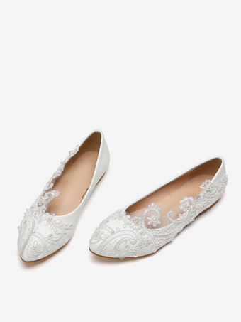 レディース フラットブライダルシューズ レース ラウンドトゥ スリッポン ウェディングシューズ