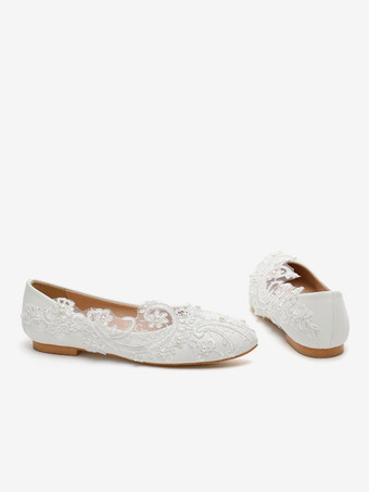 レディース フラットブライダルシューズ レース ラウンドトゥ スリッポン ウェディングシューズ