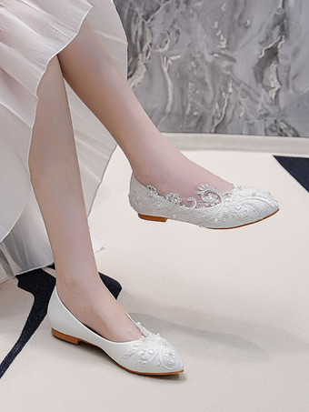 レディース フラットブライダルシューズ レース ラウンドトゥ スリッポン ウェディングシューズ