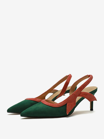 グリーン レディースヒールサンダル ポインテッドトゥサンダル スティレットヒール テキスタイル