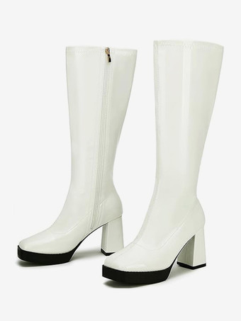 WeißSchwarze kniehohe Stiefel mit dickem Absatz und quadratischer Zehenpartie dehnbare Gogo-Stiefel