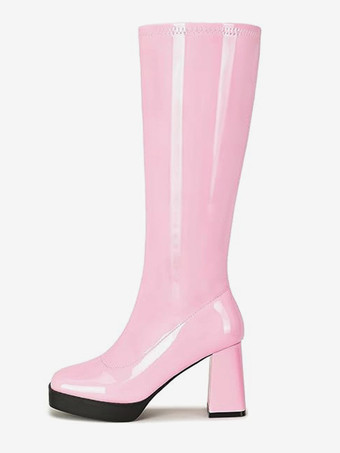 RosaSchwarze kniehohe Stiefel mit dickem Absatz und quadratischer Zehenpartie dehnbare Gogo-Stiefel