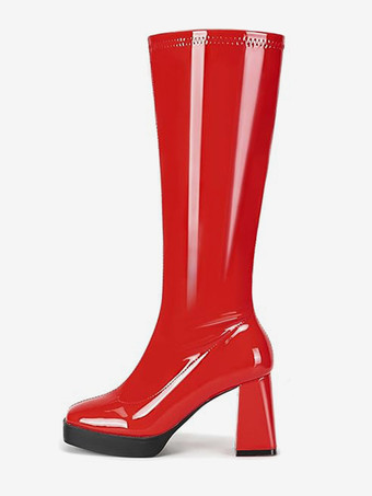 RotSchwarze kniehohe Stiefel mit dickem Absatz und quadratischer Zehenpartie dehnbare Gogo-Stiefel