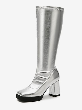 Silbrig Schwarze kniehohe Stiefel mit dickem Absatz und quadratischer Zehenpartie dehnbare Gogo-Stiefel