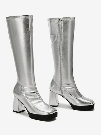 Schwarze kniehohe Stiefel mit dickem Absatz und quadratischer Zehenpartie dehnbare Gogo-Stiefel