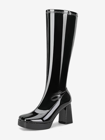 SchwarzSchwarze kniehohe Stiefel mit dickem Absatz und quadratischer Zehenpartie dehnbare Gogo-Stiefel