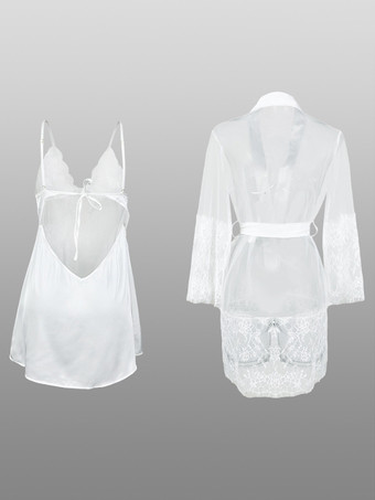 パジャマセット ホワイト シースルー レース デイリーカジュアル バックレス ランジェリー